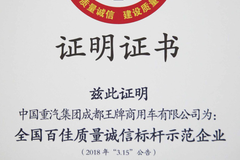 重汽王牌公司荣获荣誉称号